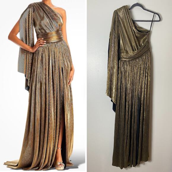 BRONX & BANCO DRESS XS BROWN FALL WEDDING GUEST GOWN GOLD METALLIC LONG FORMAL - Picture 1 of 16